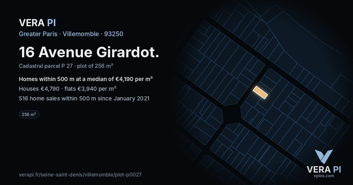 16 Avenue Girardot, Villemomble at night – the plot lit, the parcels around coloured by the prices near them