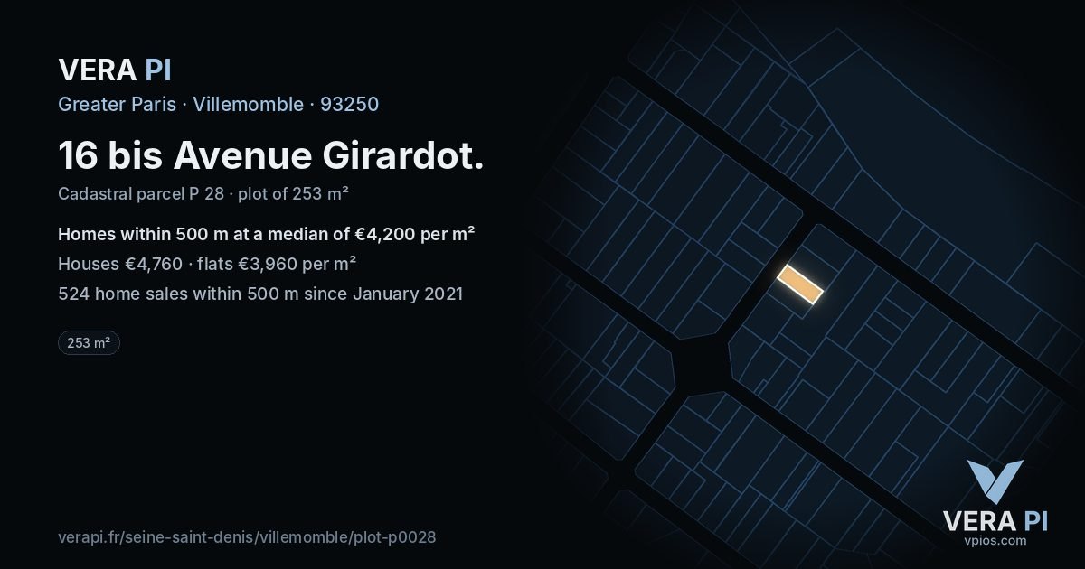 16 bis Avenue Girardot, Villemomble at night – the plot lit, the parcels around coloured by the prices near them