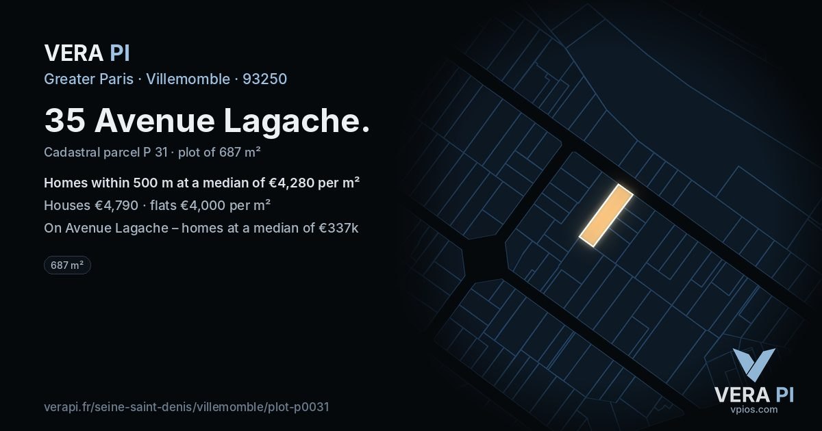 35 Avenue Lagache, Villemomble at night – the plot lit, the parcels around coloured by the prices near them
