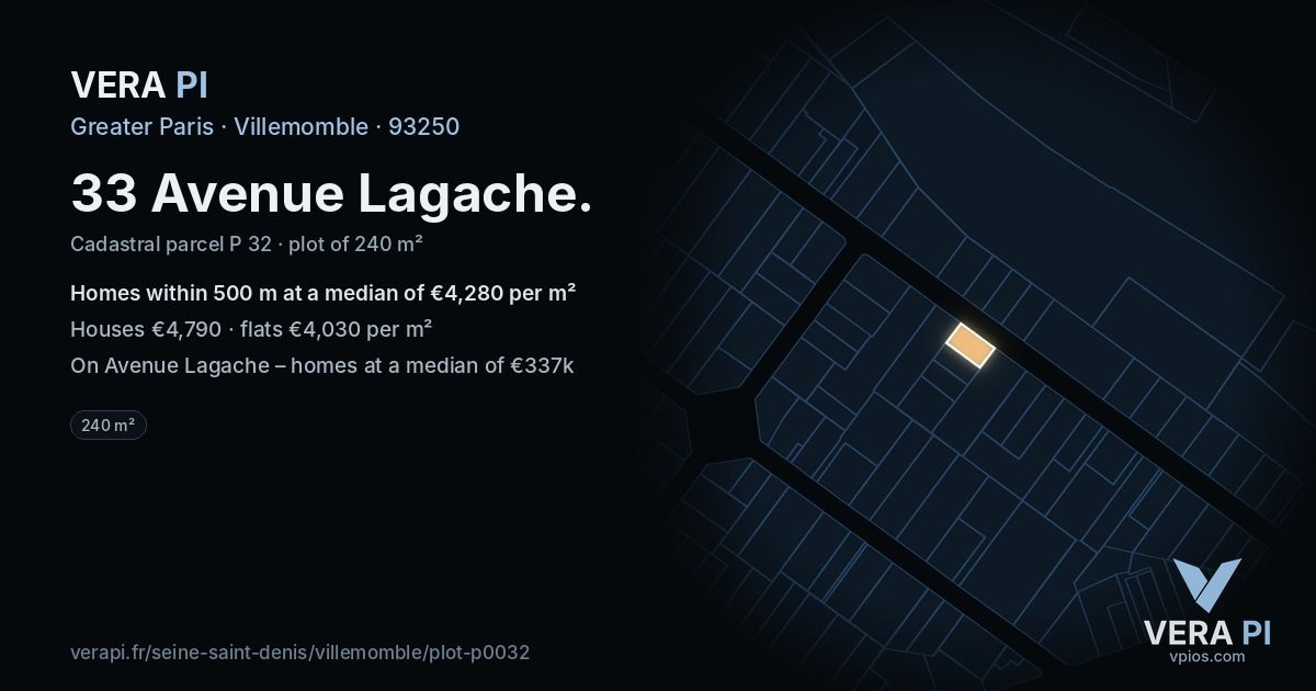 33 Avenue Lagache, Villemomble at night – the plot lit, the parcels around coloured by the prices near them