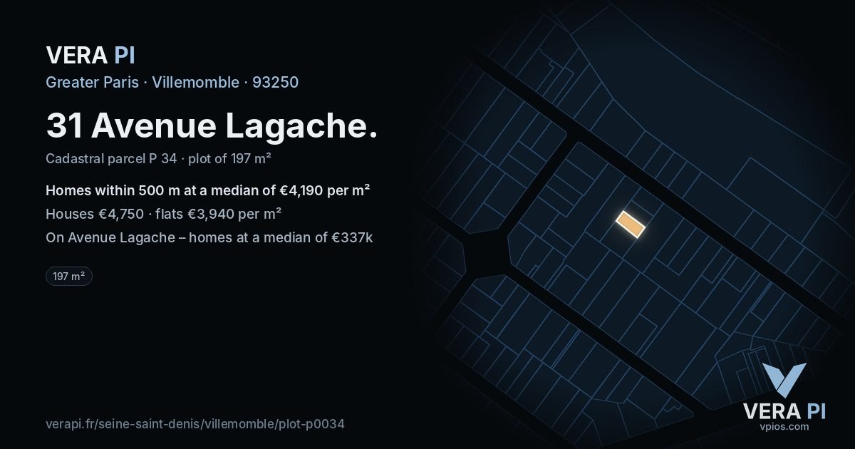 31 Avenue Lagache, Villemomble at night – the plot lit, the parcels around coloured by the prices near them