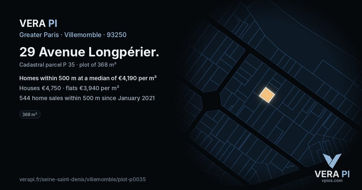 29 Avenue Longpérier, Villemomble at night – the plot lit, the parcels around coloured by the prices near them