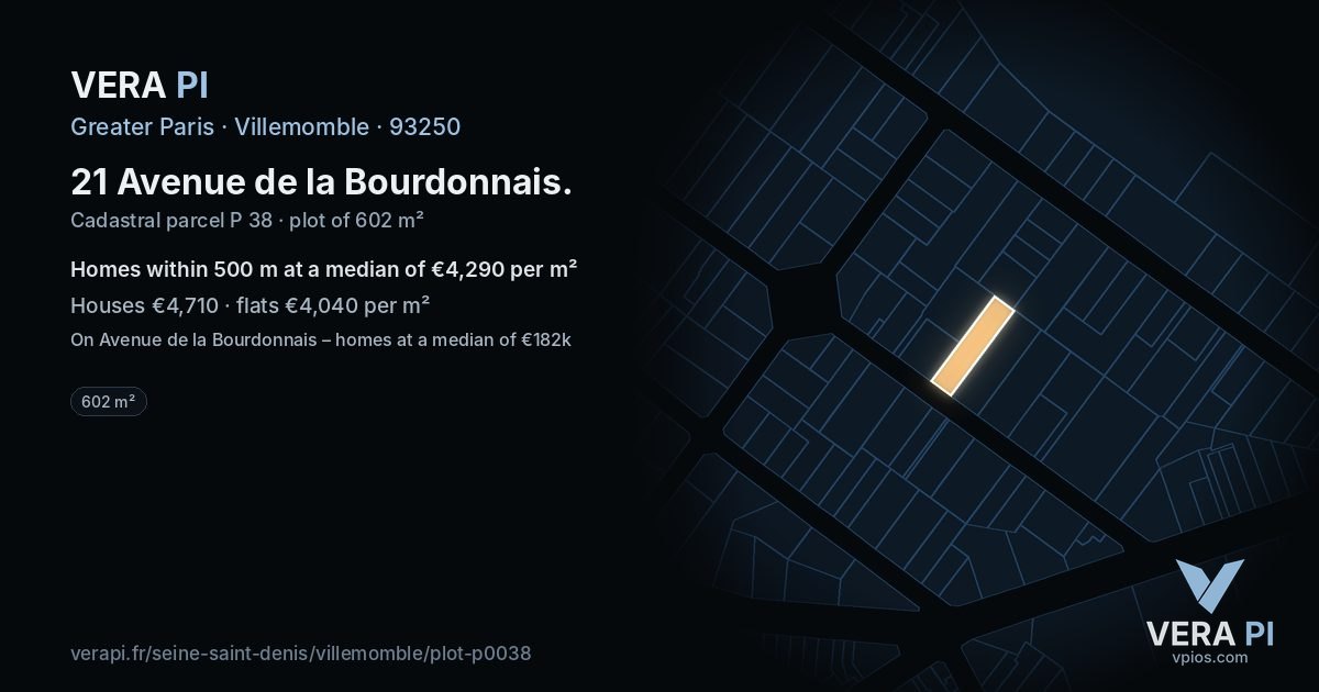21 Avenue de la Bourdonnais, Villemomble at night – the plot lit, the parcels around coloured by the prices near them
