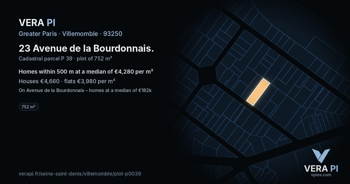 23 Avenue de la Bourdonnais, Villemomble at night – the plot lit, the parcels around coloured by the prices near them