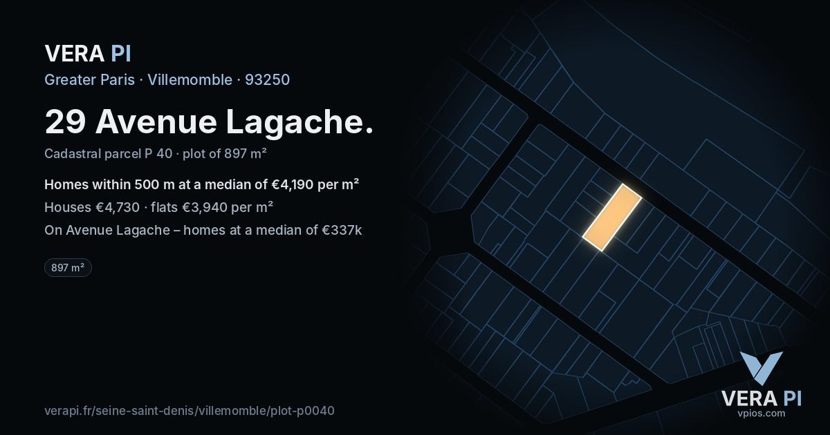 29 Avenue Lagache, Villemomble at night – the plot lit, the parcels around coloured by the prices near them