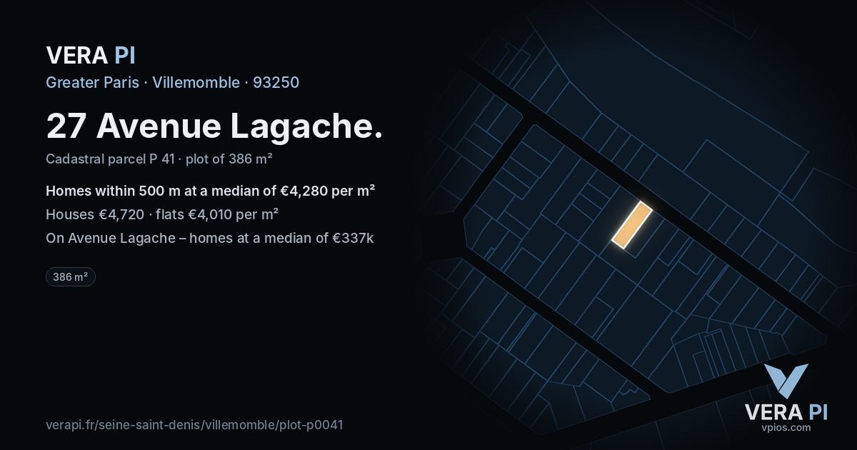 27 Avenue Lagache, Villemomble at night – the plot lit, the parcels around coloured by the prices near them