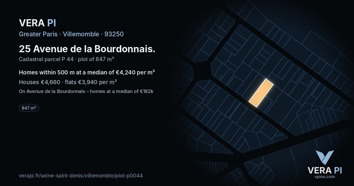 25 Avenue de la Bourdonnais, Villemomble at night – the plot lit, the parcels around coloured by the prices near them
