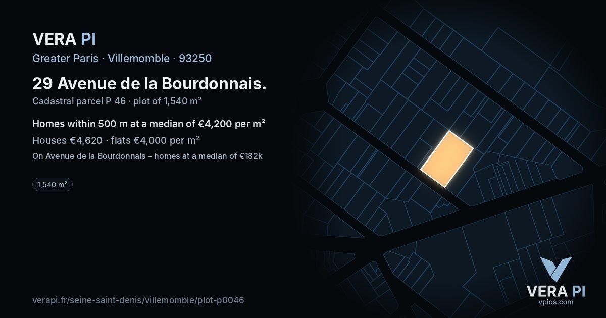29 Avenue de la Bourdonnais, Villemomble at night – the plot lit, the parcels around coloured by the prices near them