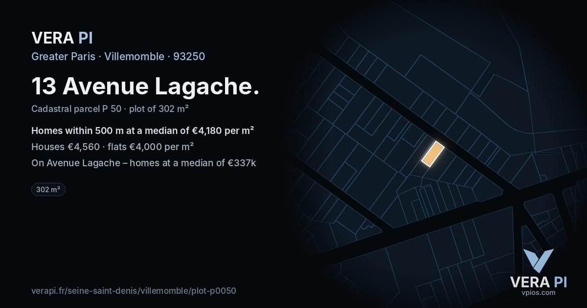 13 Avenue Lagache, Villemomble at night – the plot lit, the parcels around coloured by the prices near them