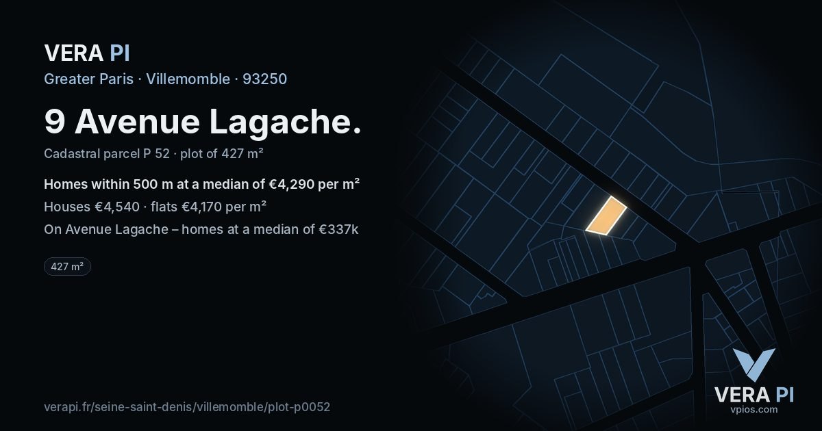 9 Avenue Lagache, Villemomble at night – the plot lit, the parcels around coloured by the prices near them