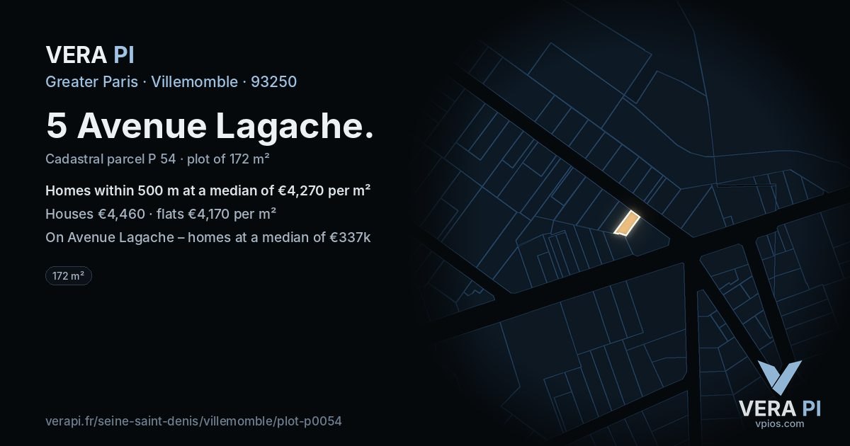 5 Avenue Lagache, Villemomble at night – the plot lit, the parcels around coloured by the prices near them