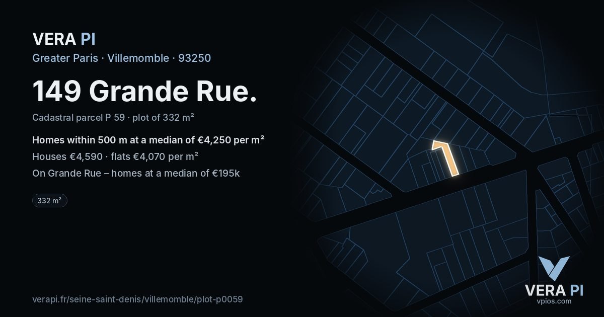 149 Grande Rue, Villemomble at night – the plot lit, the parcels around coloured by the prices near them