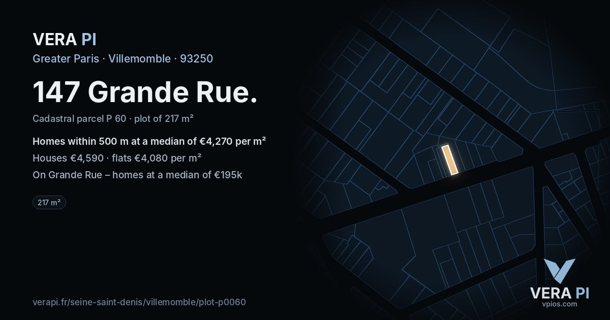 147 Grande Rue, Villemomble at night – the plot lit, the parcels around coloured by the prices near them