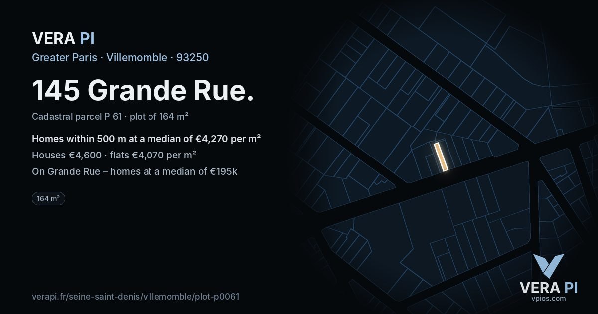 145 Grande Rue, Villemomble at night – the plot lit, the parcels around coloured by the prices near them