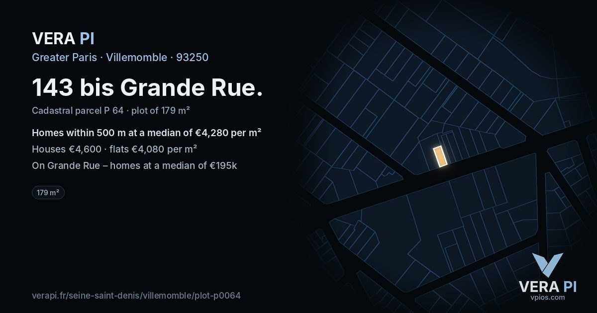 143 bis Grande Rue, Villemomble at night – the plot lit, the parcels around coloured by the prices near them