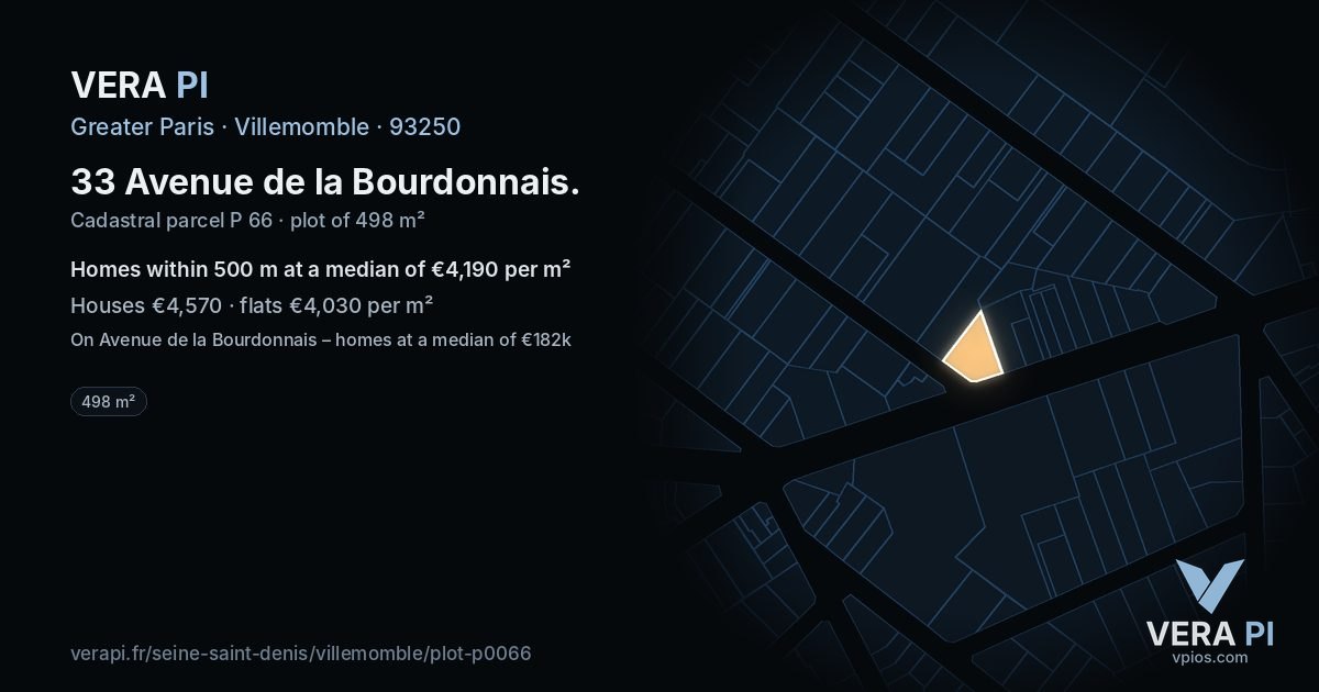 33 Avenue de la Bourdonnais, Villemomble at night – the plot lit, the parcels around coloured by the prices near them