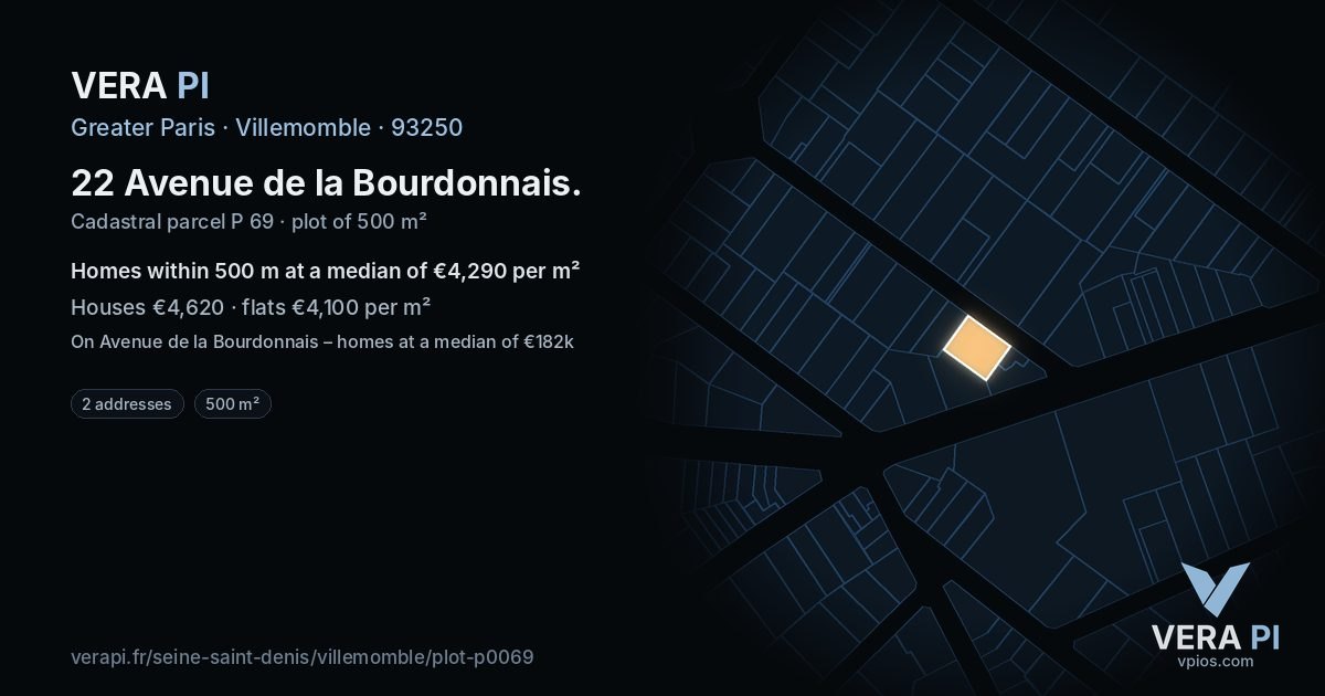 22 Avenue de la Bourdonnais, Villemomble at night – the plot lit, the parcels around coloured by the prices near them