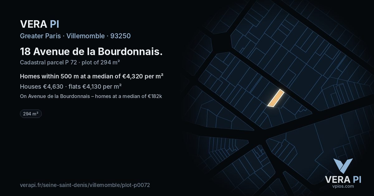 18 Avenue de la Bourdonnais, Villemomble at night – the plot lit, the parcels around coloured by the prices near them