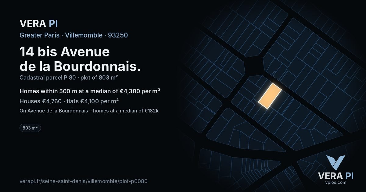 14 bis Avenue de la Bourdonnais, Villemomble at night – the plot lit, the parcels around coloured by the prices near them