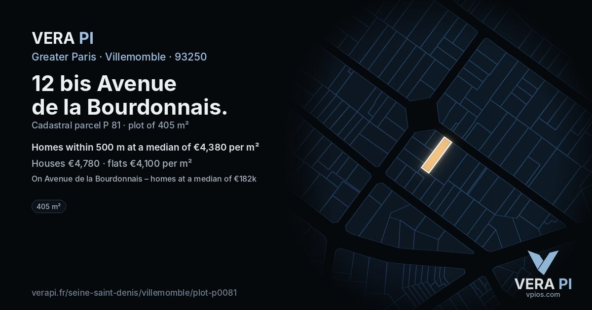 12 bis Avenue de la Bourdonnais, Villemomble at night – the plot lit, the parcels around coloured by the prices near them