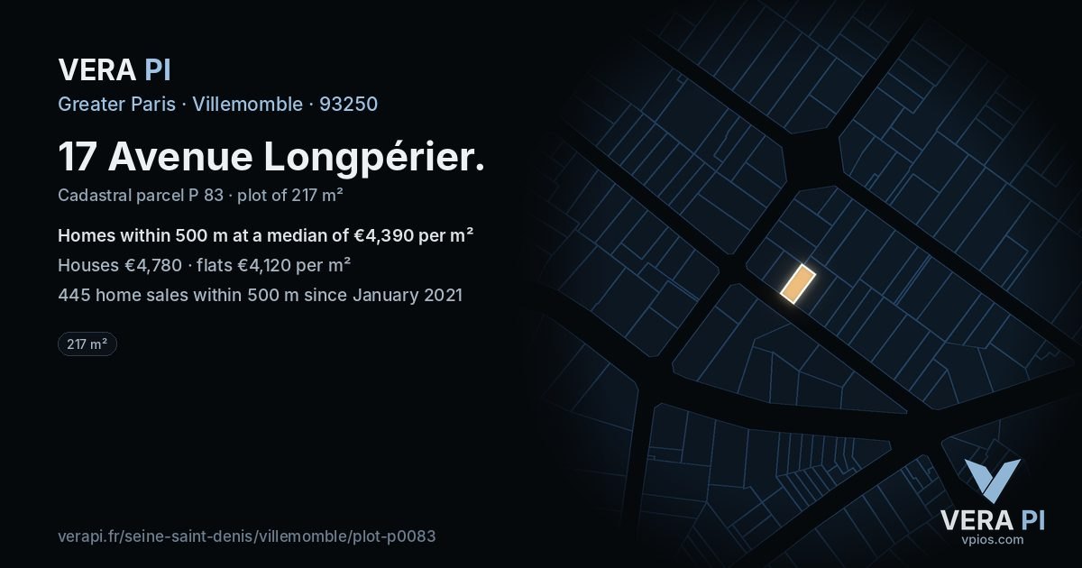 17 Avenue Longpérier, Villemomble at night – the plot lit, the parcels around coloured by the prices near them