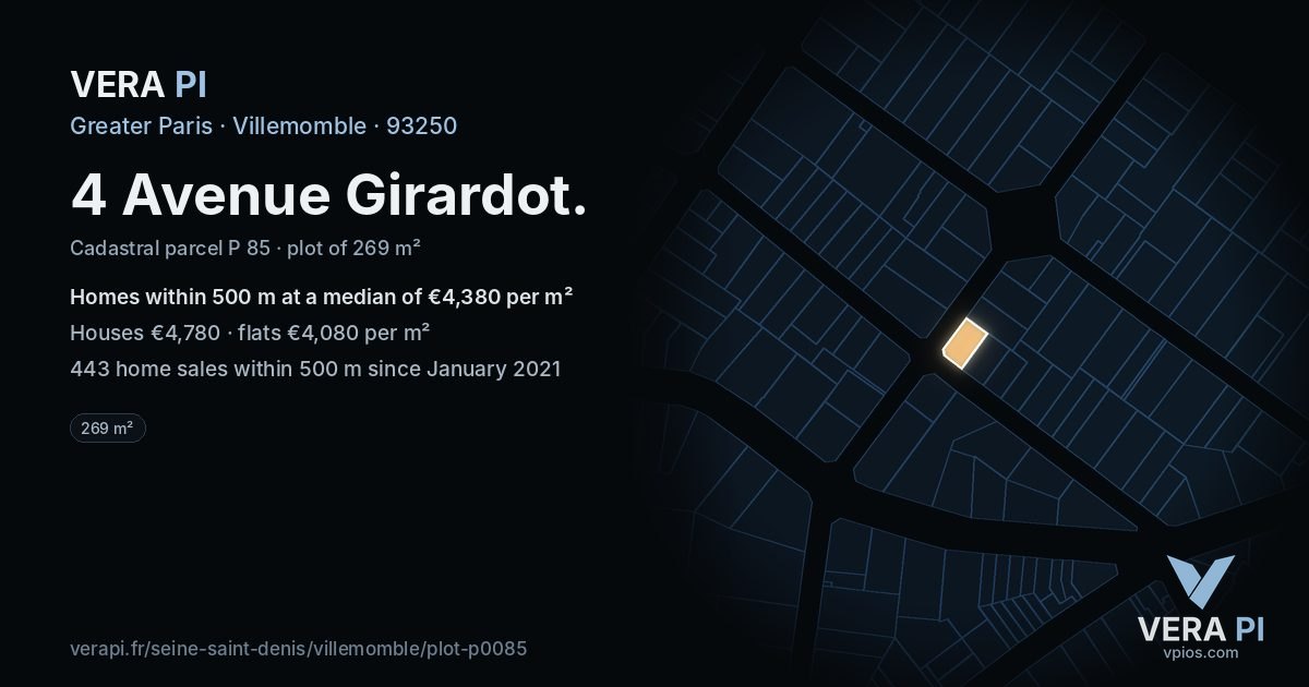 4 Avenue Girardot, Villemomble at night – the plot lit, the parcels around coloured by the prices near them