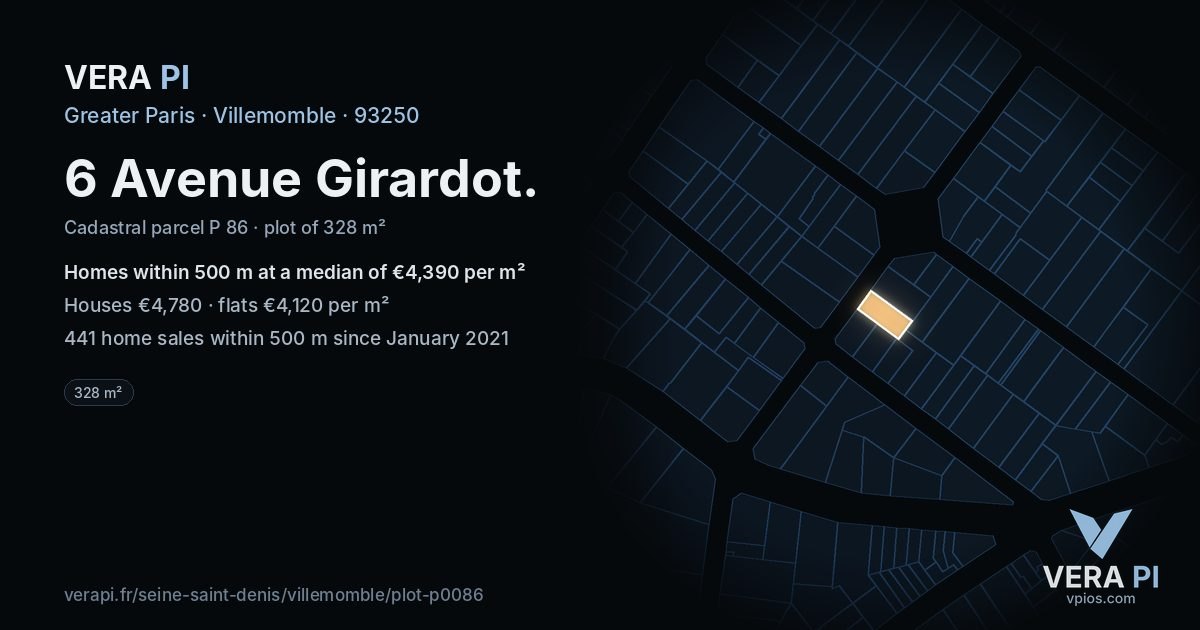 6 Avenue Girardot, Villemomble at night – the plot lit, the parcels around coloured by the prices near them