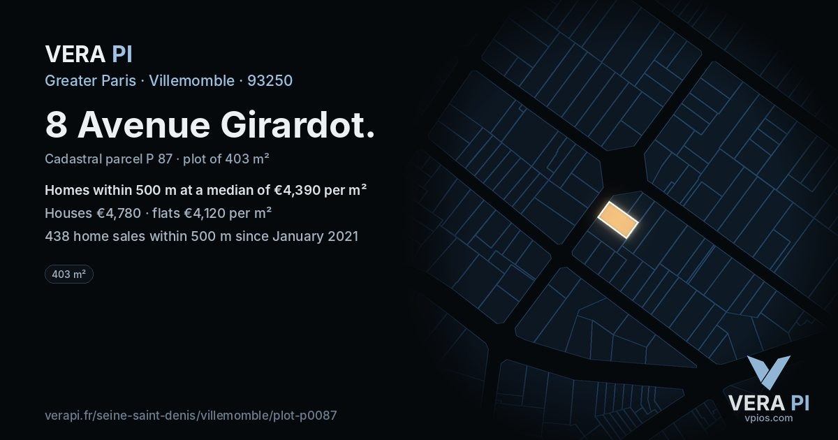 8 Avenue Girardot, Villemomble at night – the plot lit, the parcels around coloured by the prices near them