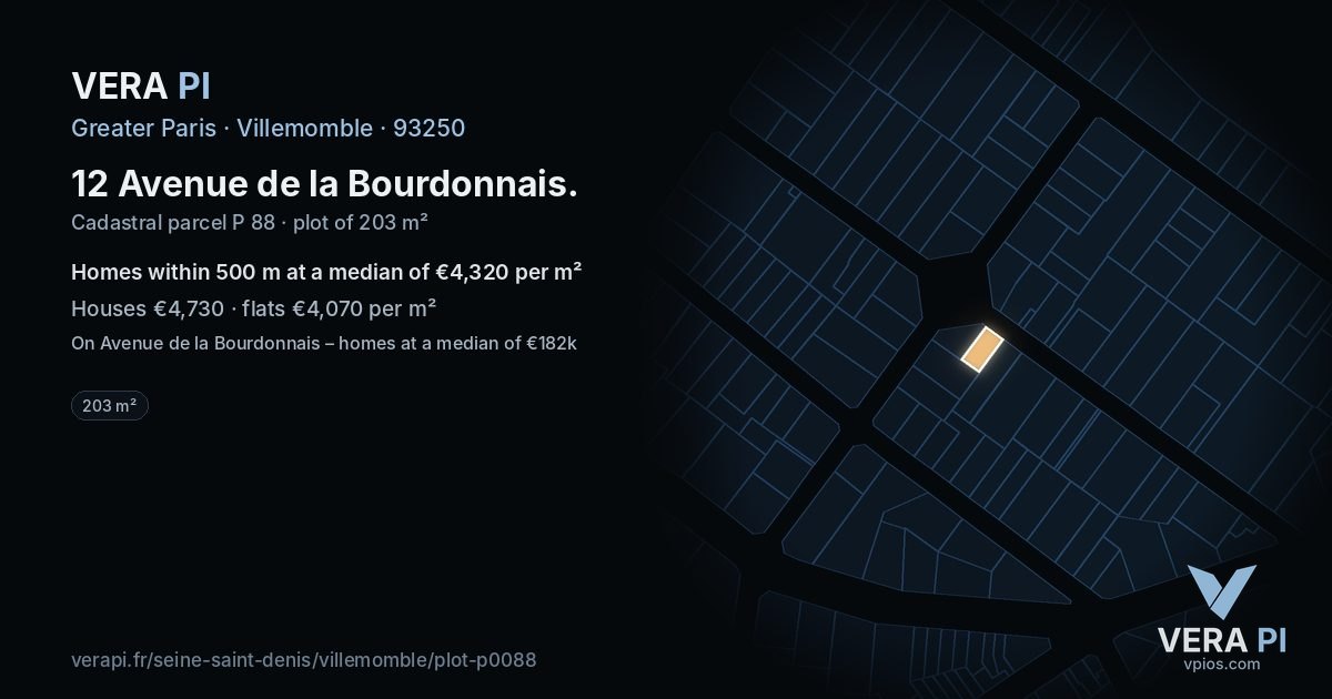 12 Avenue de la Bourdonnais, Villemomble at night – the plot lit, the parcels around coloured by the prices near them