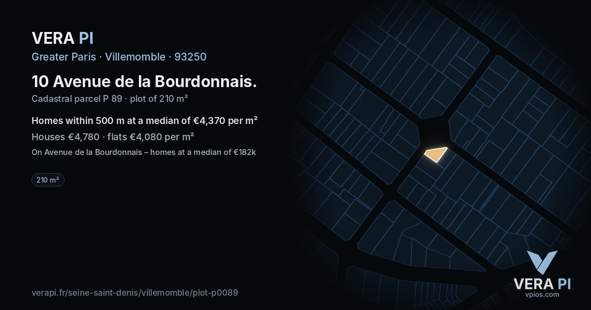 10 Avenue de la Bourdonnais, Villemomble at night – the plot lit, the parcels around coloured by the prices near them