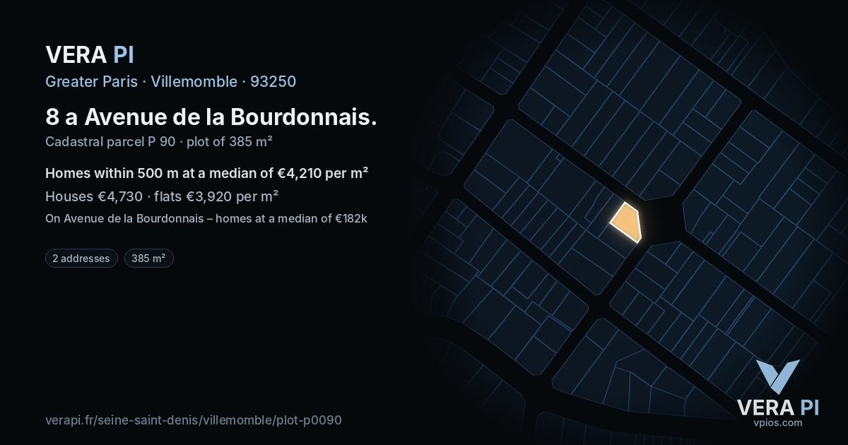 8 a Avenue de la Bourdonnais, Villemomble at night – the plot lit, the parcels around coloured by the prices near them