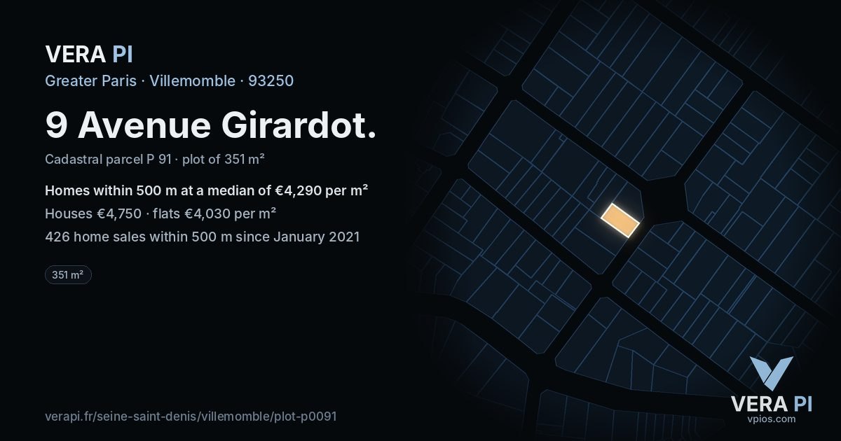 9 Avenue Girardot, Villemomble at night – the plot lit, the parcels around coloured by the prices near them