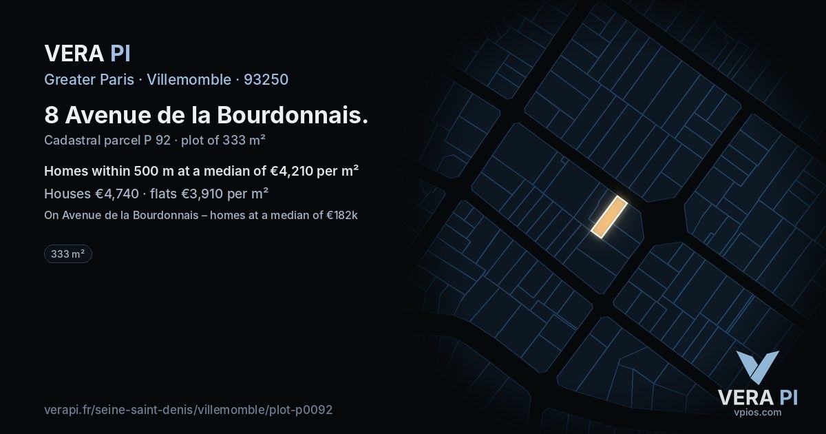 8 Avenue de la Bourdonnais, Villemomble at night – the plot lit, the parcels around coloured by the prices near them