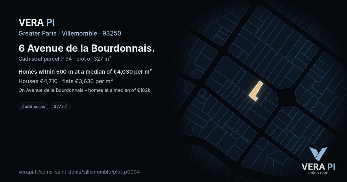 6 Avenue de la Bourdonnais, Villemomble at night – the plot lit, the parcels around coloured by the prices near them