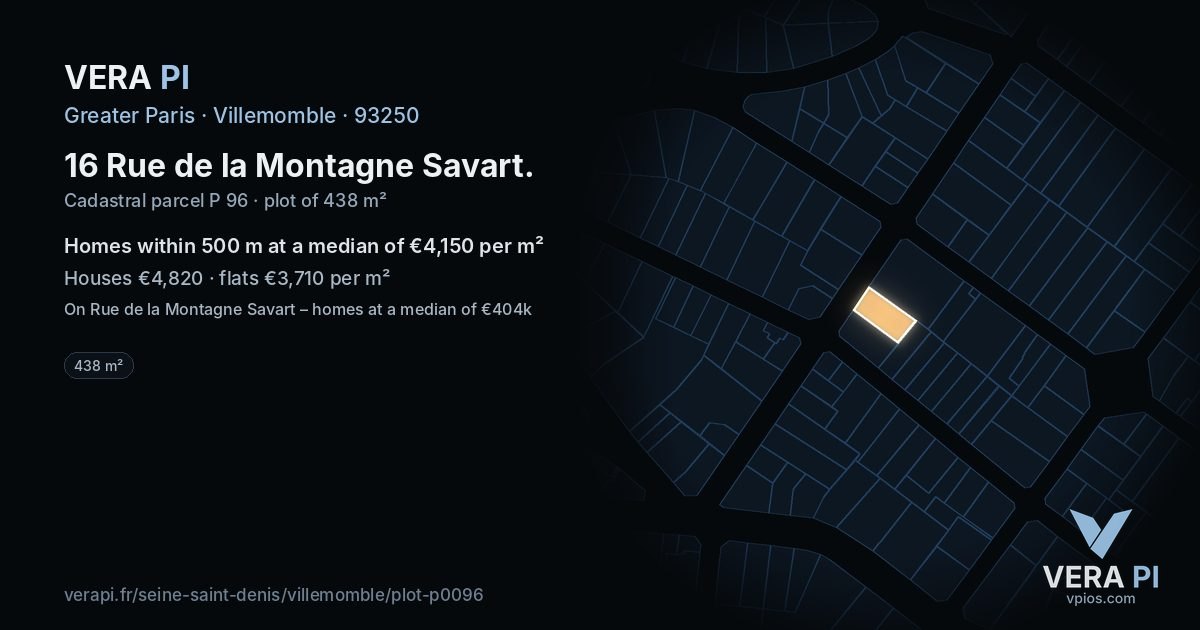 16 Rue de la Montagne Savart, Villemomble at night – the plot lit, the parcels around coloured by the prices near them