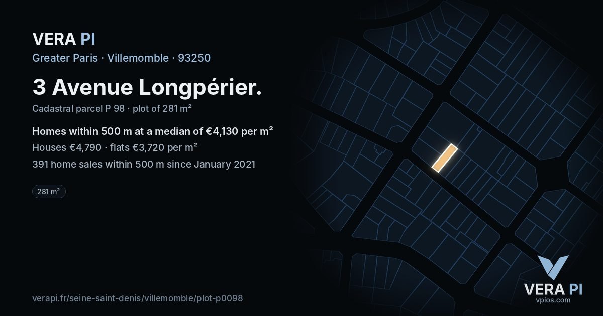 3 Avenue Longpérier, Villemomble at night – the plot lit, the parcels around coloured by the prices near them
