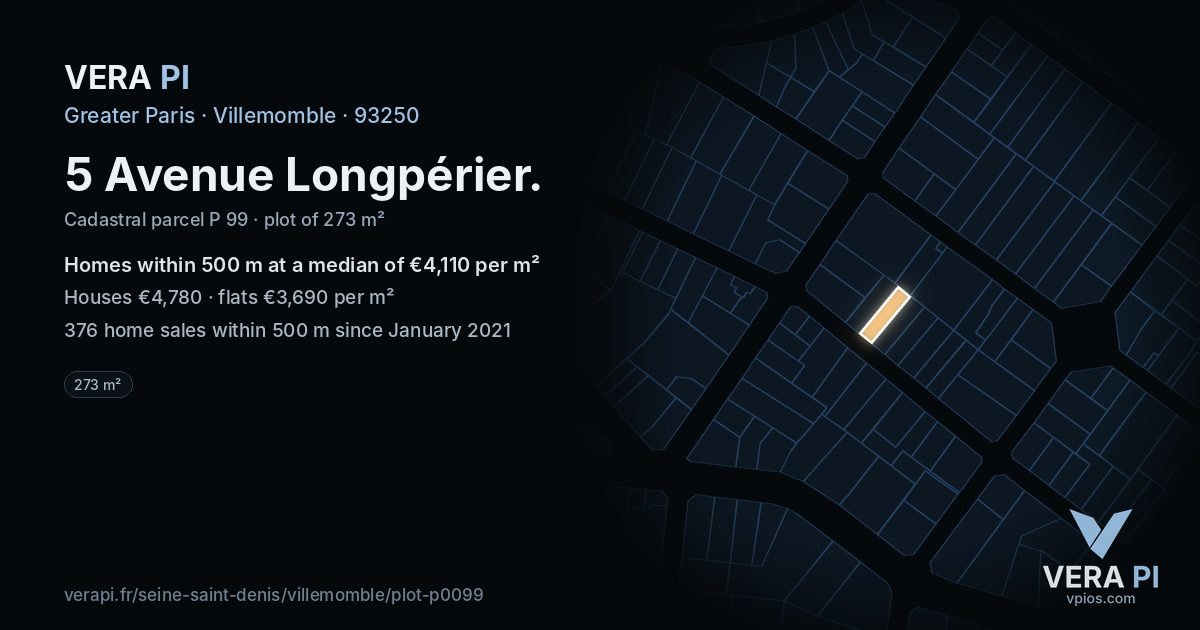 5 Avenue Longpérier, Villemomble at night – the plot lit, the parcels around coloured by the prices near them