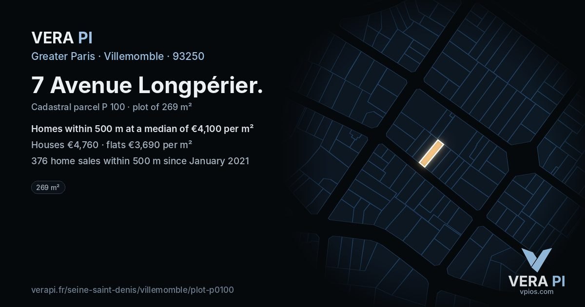 7 Avenue Longpérier, Villemomble at night – the plot lit, the parcels around coloured by the prices near them