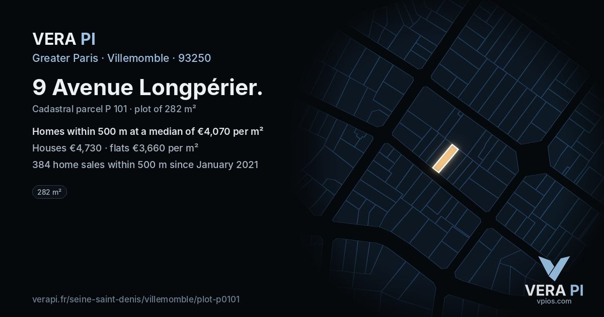 9 Avenue Longpérier, Villemomble at night – the plot lit, the parcels around coloured by the prices near them