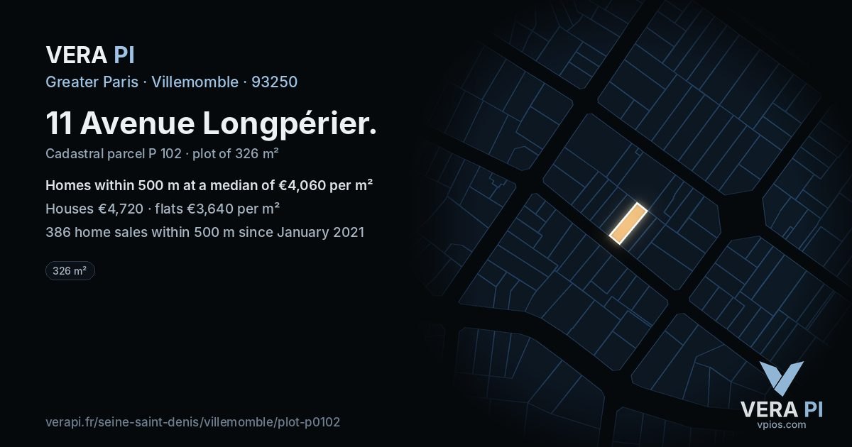 11 Avenue Longpérier, Villemomble at night – the plot lit, the parcels around coloured by the prices near them