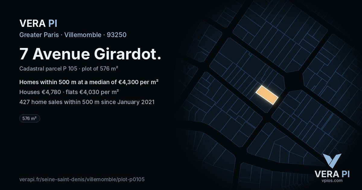 7 Avenue Girardot, Villemomble at night – the plot lit, the parcels around coloured by the prices near them