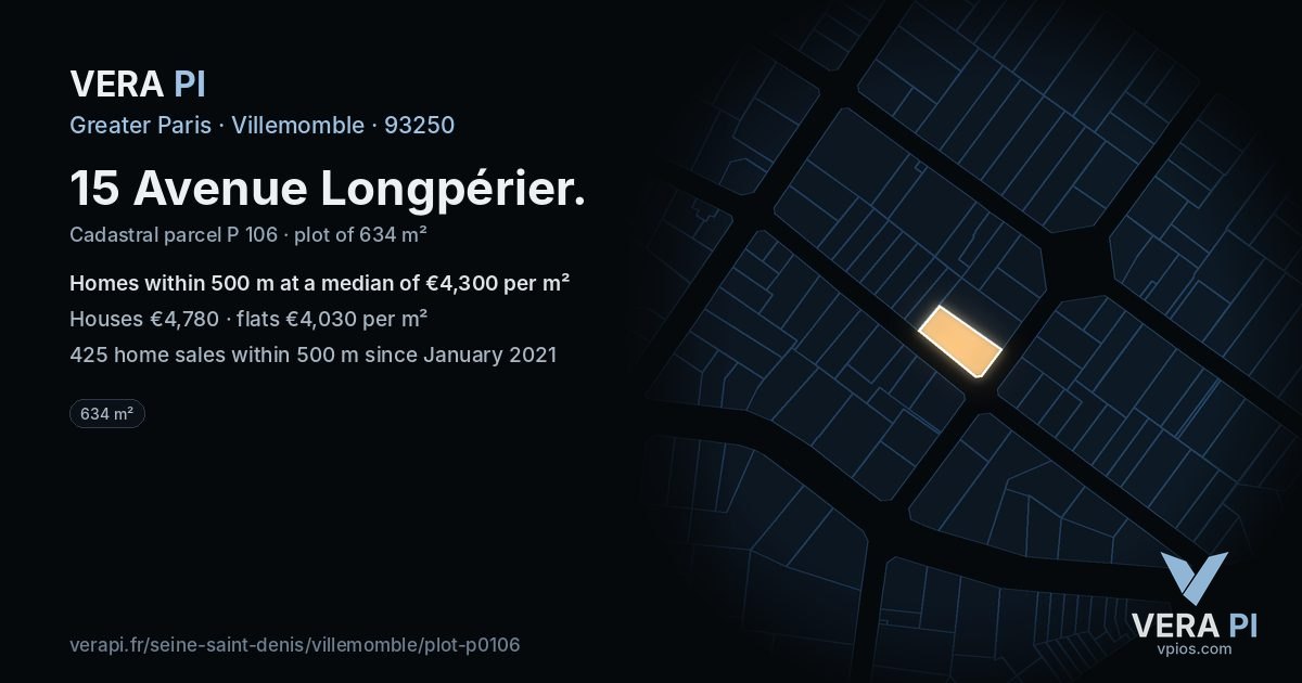15 Avenue Longpérier, Villemomble at night – the plot lit, the parcels around coloured by the prices near them