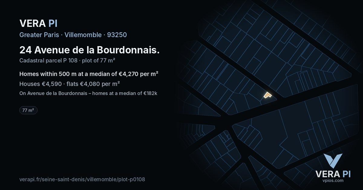 24 Avenue de la Bourdonnais, Villemomble at night – the plot lit, the parcels around coloured by the prices near them