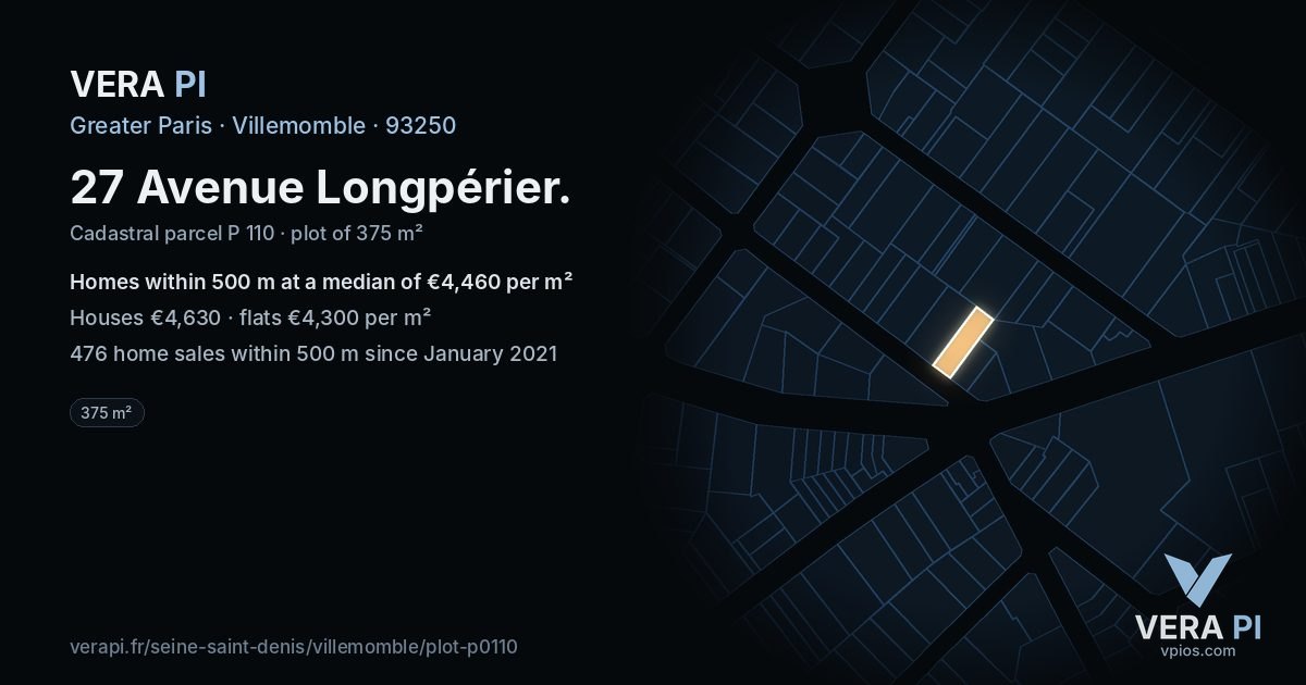 27 Avenue Longpérier, Villemomble at night – the plot lit, the parcels around coloured by the prices near them