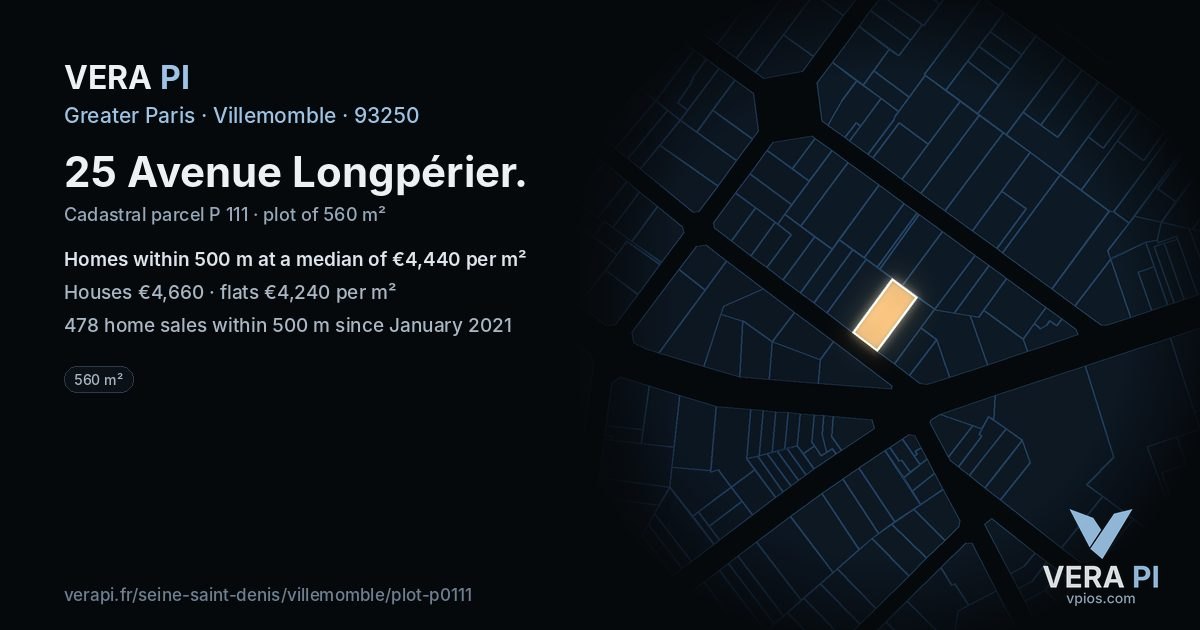 25 Avenue Longpérier, Villemomble at night – the plot lit, the parcels around coloured by the prices near them