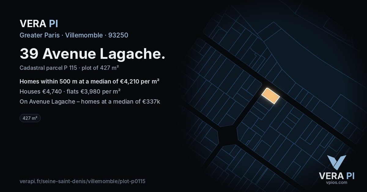 39 Avenue Lagache, Villemomble at night – the plot lit, the parcels around coloured by the prices near them