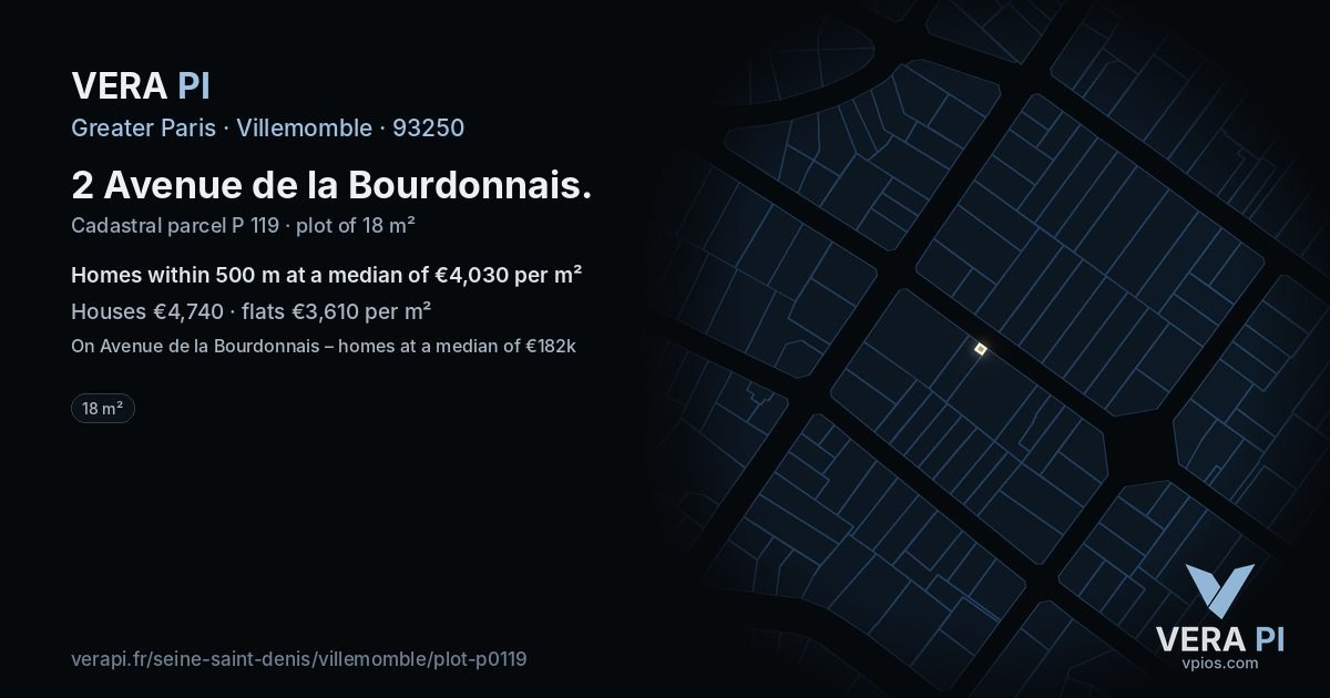 2 Avenue de la Bourdonnais, Villemomble at night – the plot lit, the parcels around coloured by the prices near them