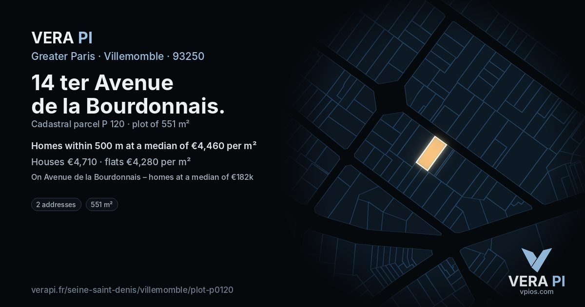 14 ter Avenue de la Bourdonnais, Villemomble at night – the plot lit, the parcels around coloured by the prices near them
