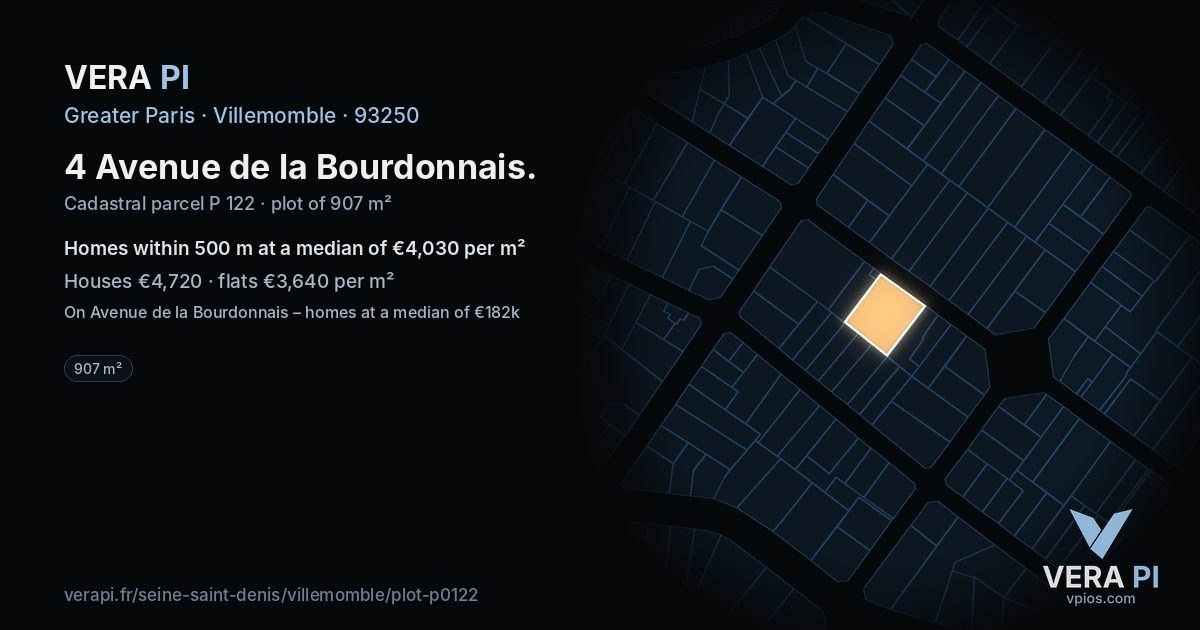 4 Avenue de la Bourdonnais, Villemomble at night – the plot lit, the parcels around coloured by the prices near them