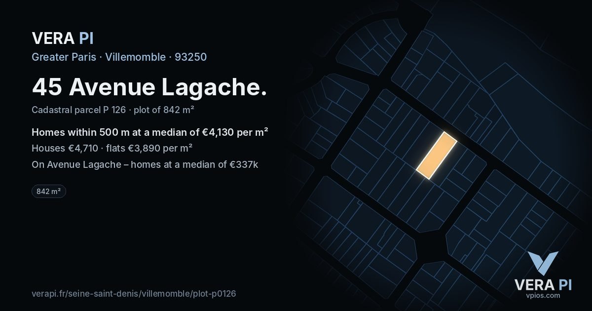 45 Avenue Lagache, Villemomble at night – the plot lit, the parcels around coloured by the prices near them